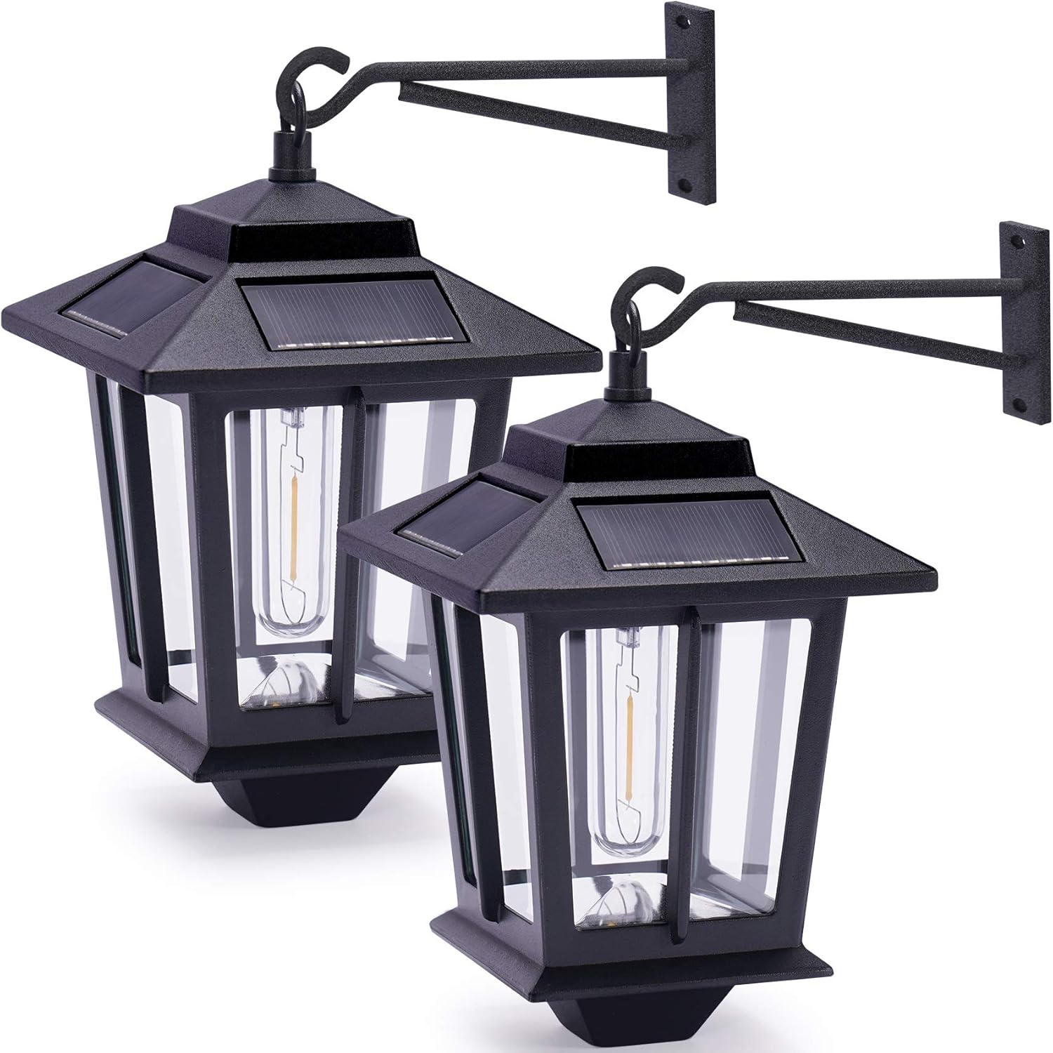 2 Pack Solar Wall Lanterns with 4 Solar Panels, Dusk to Dawn Led Outdoor Wall Sconce , Anti-Rust Waterproof Wall Lanterns Aluminum, 3000K Warm White, Matte Black Powder Coat + UV Protection
