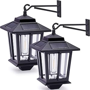 2 Pack Solar Wall Lanterns with 4 Solar Panels, Dusk to Dawn Led Outdoor Wall Sconce , Anti-Rust Waterproof Wall Lanterns Aluminum, 3000K Warm White, Matte Black Powder Coat + UV Protection