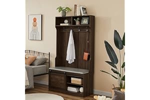 Betoko Hall Trees with Bench and Coat Racks, Farmhouse 71 Inch Entryway Bench with Sliding Barn Door, Wood Coat Tree Mudroom Storage Benches with Drawers (Walnut)