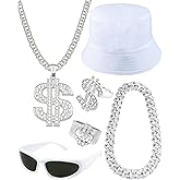 Riuziyi 6Pack 90s 80s Hip Hop Costumes Kit for Men 2000s Y2K Sunglasses Rings Hat Rapper Outfit Accessories for Themed Party