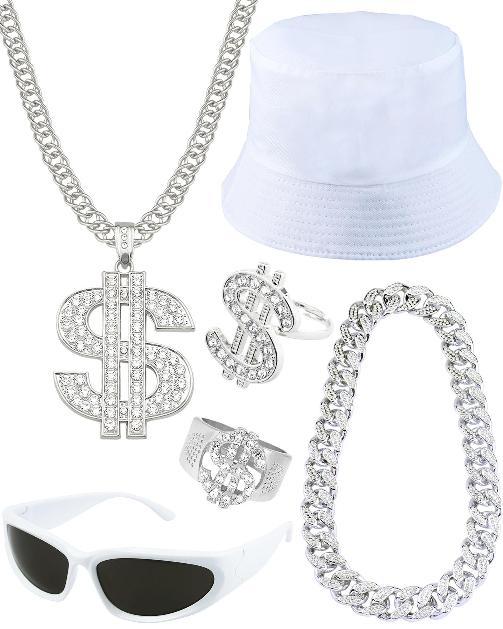Photo 1 of Riuziyi 6Pack 90s 80s Hip Hop Costumes Kit for Men 2000s Y2K Sunglasses Rings Hat Rapper Outfit Accessories for Themed Party (Silver)