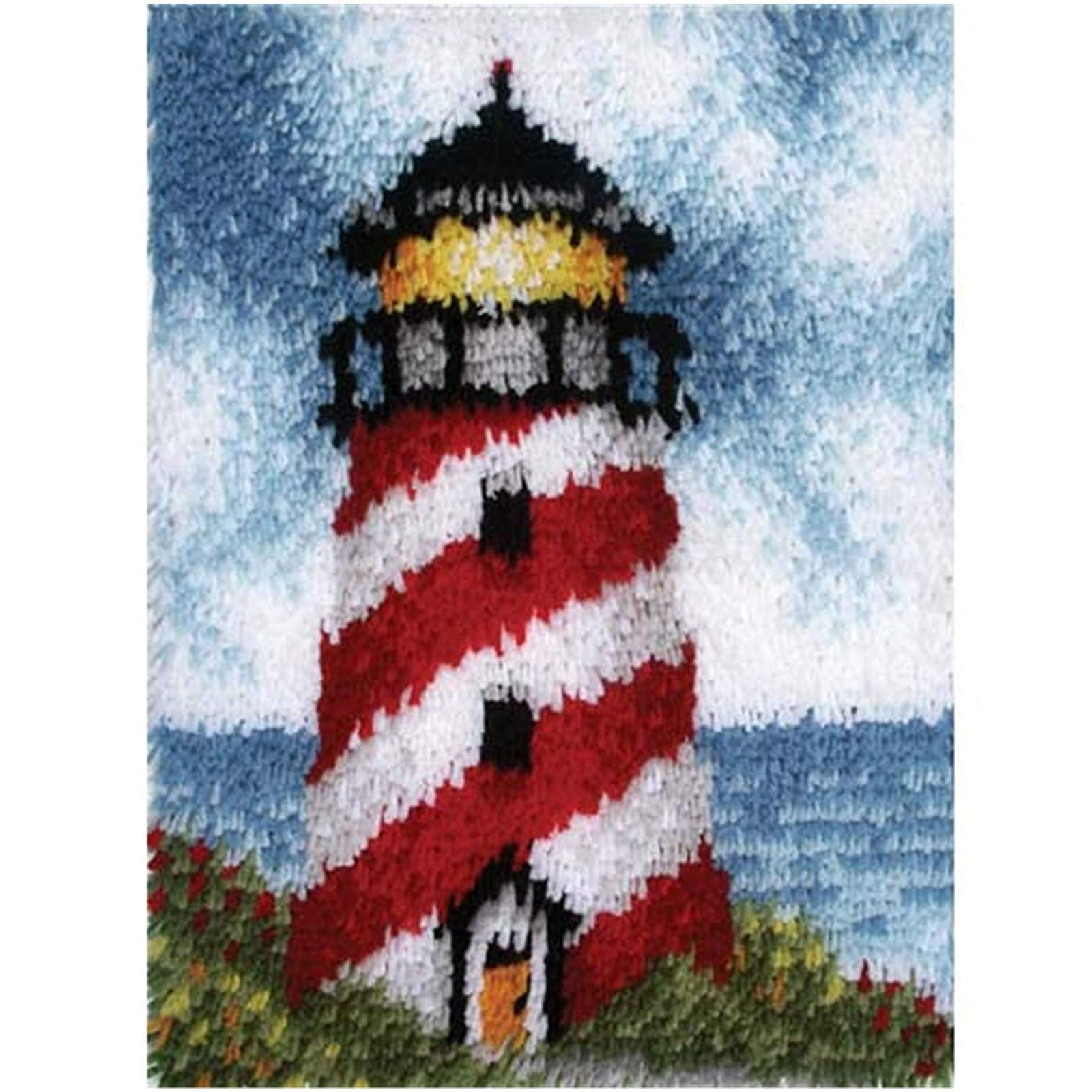 GUARDUU Latch Hook Kits Cushion Rug Making Kit for Adults Kids Beginners DIY Crochet Yarn Kits with Colorful Pattern Printed Canvas, Great Gift, 52x38cm, Lighthouse