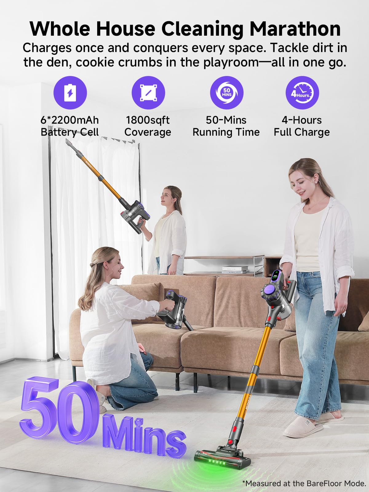 MV3 Cordless Vacuum Cleaner, 45KPa/550W/50Mins Stick Vacuum for Home, Anti-Tangled Vacuum Cleaner with Detachable Battery, LED Display, Lightweight Handheld Vacuum for Pet Hair/Carpet/Floor