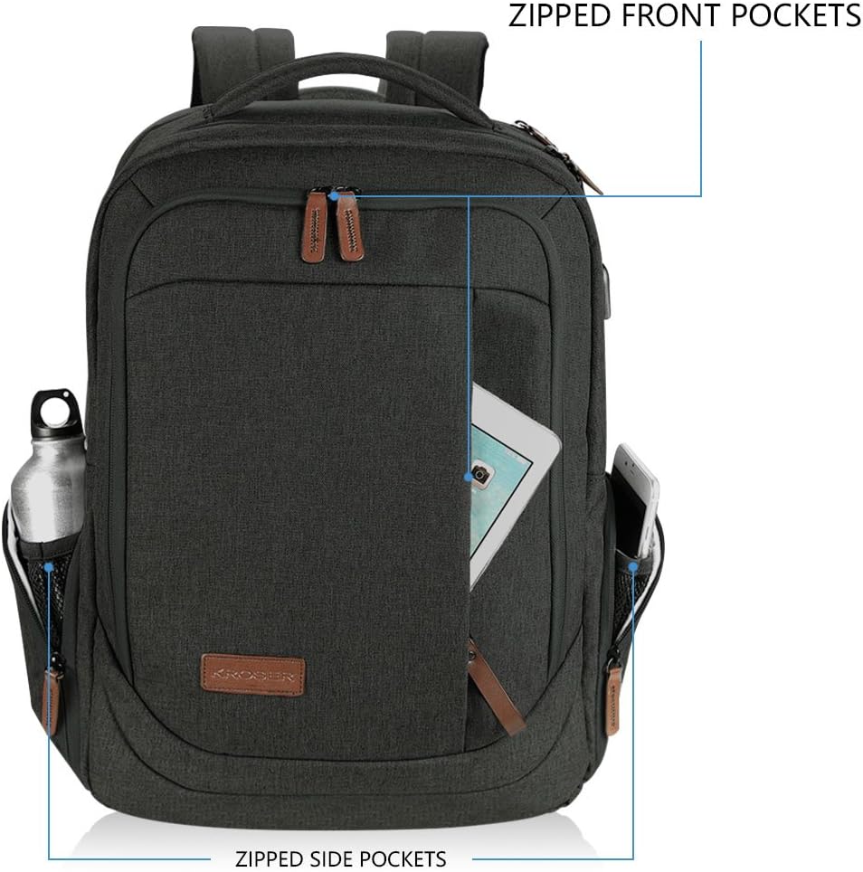 KROSER Laptop Backpack Large Computer Backpack Fits up to 17.3 Inch Laptop with USB Charging Port Water-Repellent School Travel Backpack Casual Daypack for Business/College/Women/Men-Charcoal Black: Computers & Accessories