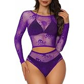 Buitifo Women Lingerie Set Mesh Skulls Top Blouse Cosplay Outfits | Halloween Costume Wear,Bodycon Shirts and Fishnet Bottoms,Holiday Party Clubwear
