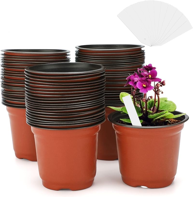 KINGLAKE 50Pcs 10cm Plastic Plant Pots with 100 Pcs White Plant Labels