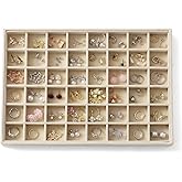 KATISYIO Large Jewelry Organizer for Drawer Insert Velvet Stackable Jewelry Trays for Earring Necklace Bracelet Ring Display (Beige, 48 Grids)