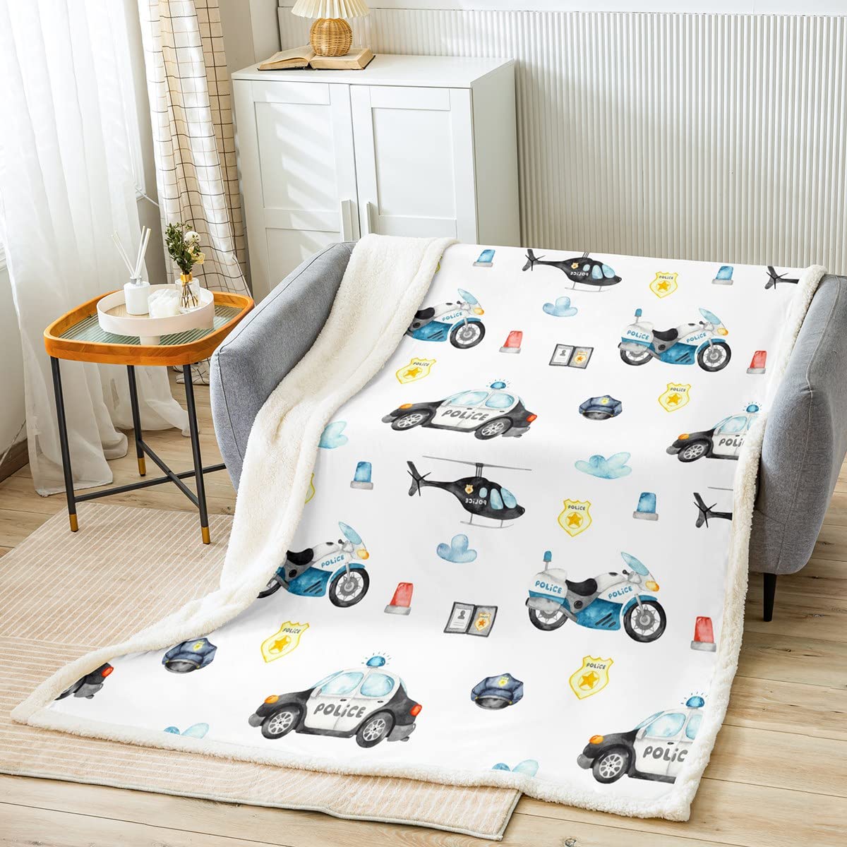 Police Car Bed Blanket Kids Girls Policeman Motorcycle Sherpa Blanket Soft Cozy Lightweight Blue Red White Plush Fleece Polica Vehicle Blanket Gifts for Bed Chair Office Sofa(Throw 50"x60")