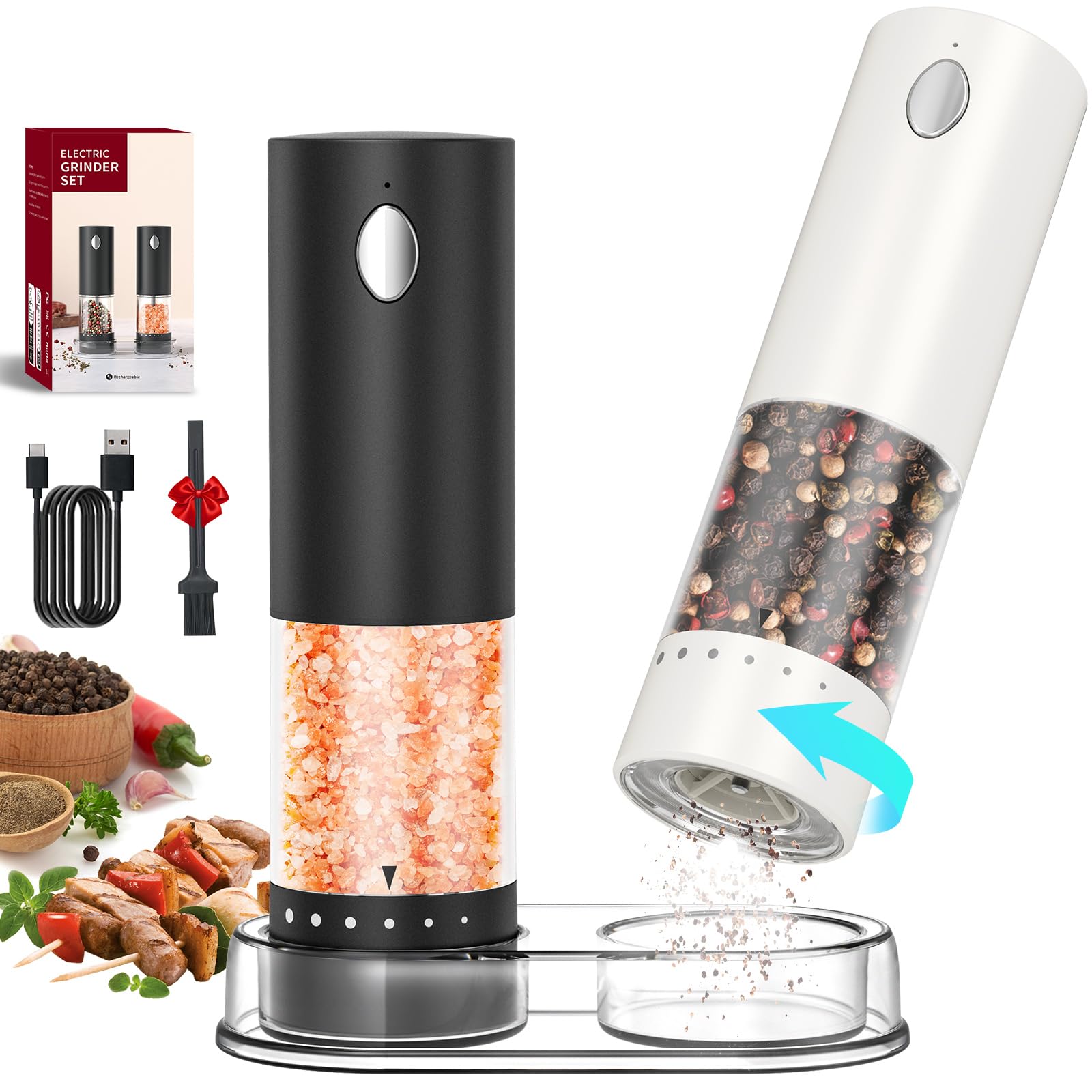 Photo 1 of CIRCLE JOY Electric Salt and Pepper Grinder Set Rechargeable Salt and Pepper Mills with 6-Level External Adjustable Coarseness, White LED Light and Storage Base, Black & White