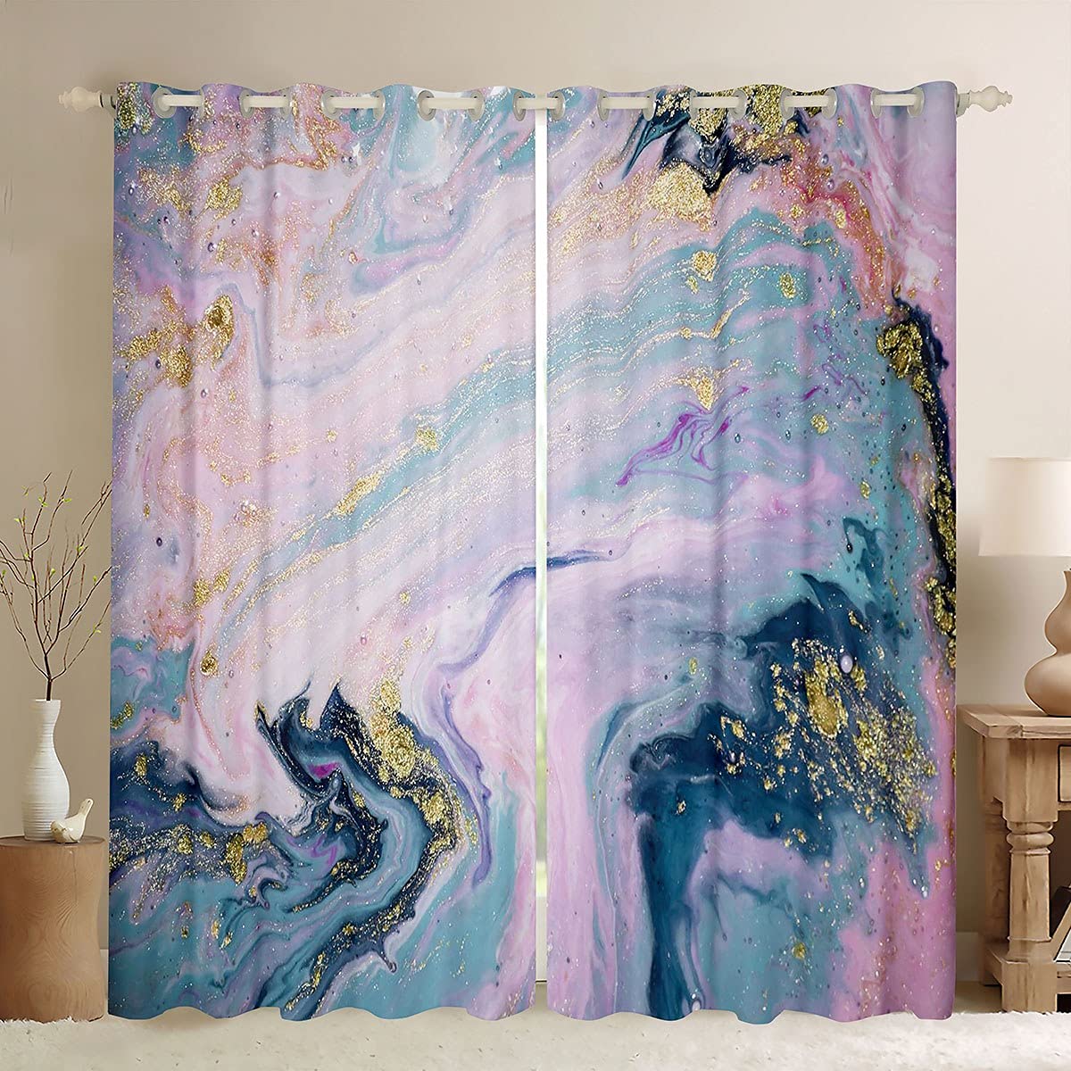 Homemissing Marble Curtains Pink Blue Goldern Marble Window Drapes For Kids Boys Girls Teens Crack Brick Window Curtains For Natural Treatments,W66*L72