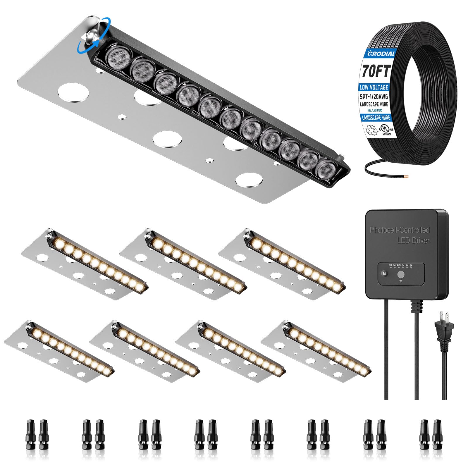 Photo 1 of CRODIAL 5W Low Voltage LED Landscape Lighting Kit, Outdoor Wall Step Deck Lights, Hardscape Lighting, Retaining Wall Lights with Sensor Transformer, 8 Inch, Aluminum, 12-24V AC/DC, IP68, 2700K, 8 Pack