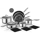 Yoehka 14-Piece Hybrid Stainless Steel Cookware Set, Non-Stick Pots and Pans Set with 3 Silicone Trivets | Induction Compatible Frying Pans, Saucepans, Saute Pan & Stock Pot | Oven Dishwasher Safe