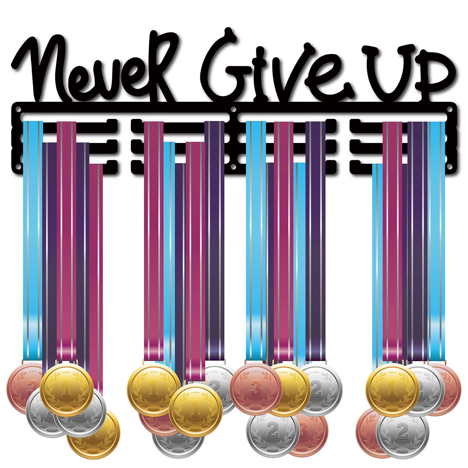 CREATCABIN Never Give Up Medal Holder Sport Medals Display Hanger Decor Stainless Steel Metal Hanging Award Wall Mount for Home Badge Storage Running Soccer Gymnastics Swimming Over 60 Medals, Black