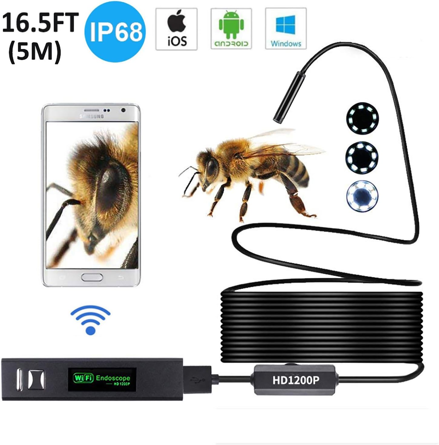 Wireless Endoscope IP68 Waterproof, Ranipobo Inspection Camera 8mm HD 1200P Semi-Rigid WiFi Borescope Snake Camera with 8 Adjustable LEDs for Android & iOS Smartphone Tablet - Black 16.5FT