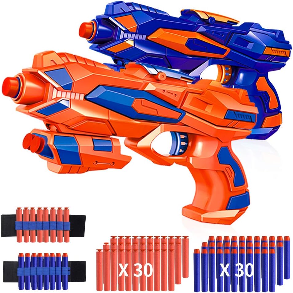 RegeMoudal 2 Pack Blaster Toy Guns Foam Bullet Toy Gun with 2 Foam Dart Wrist Band and 60 Pack Refill Soft Foam Darts Hand Gun Toys for Kids: Toys & Games