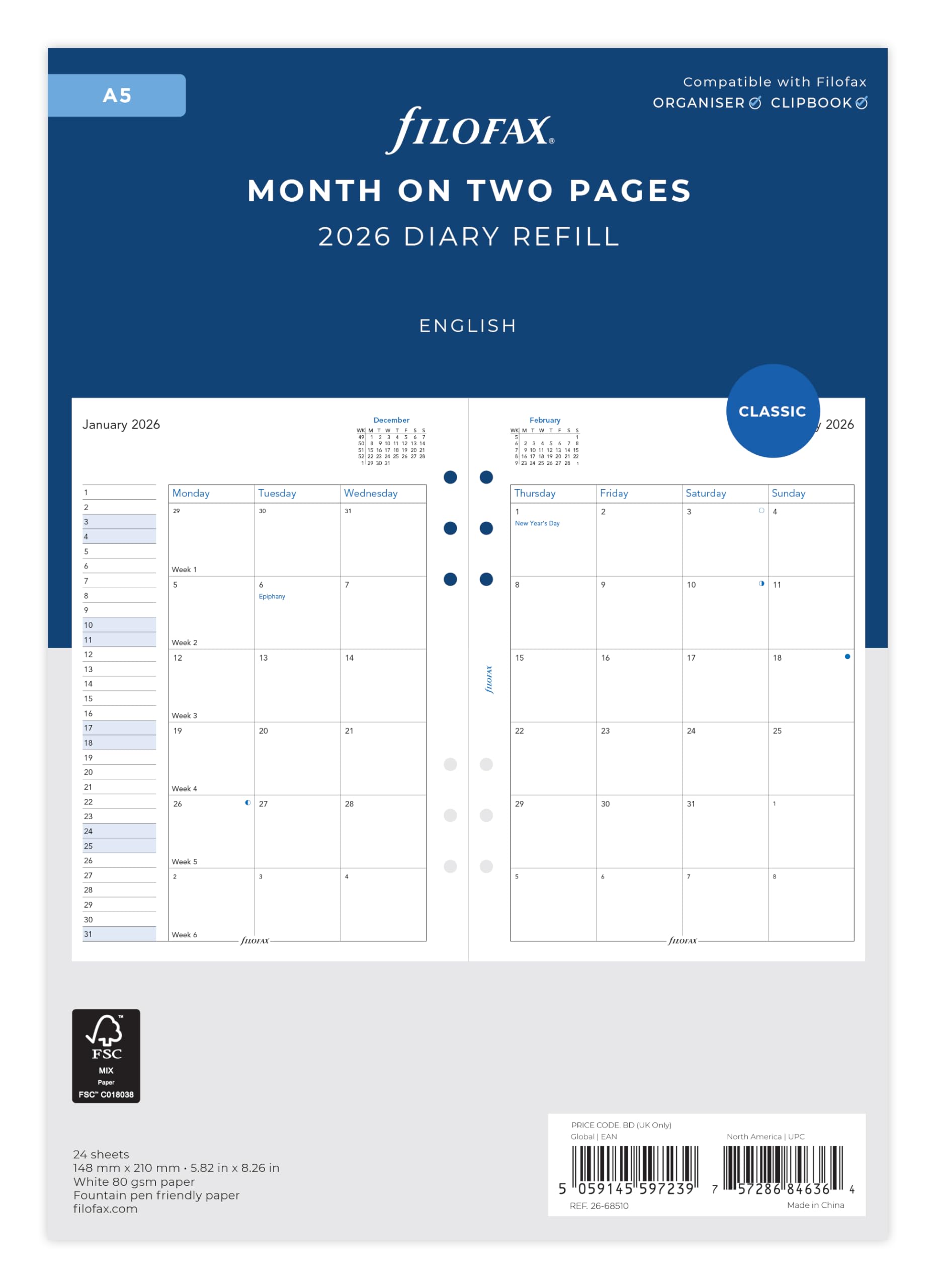 Filofax A5 month on two pages English 2026 diary 26-68510