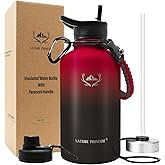 NATURE PIONEOR Insulated Water Bottles with Paracord Handle - 64 oz Vacuum Sports Wide Mouth Water Bottle with 3 Lids, Leak Proof Stainless Steel Keeps Hot and Cold