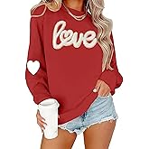 Binlanhanat Valentine's Sweatshirt Women Love Heart Graphic Pullover Top Chenille Patch Valentines Gifts Shirt