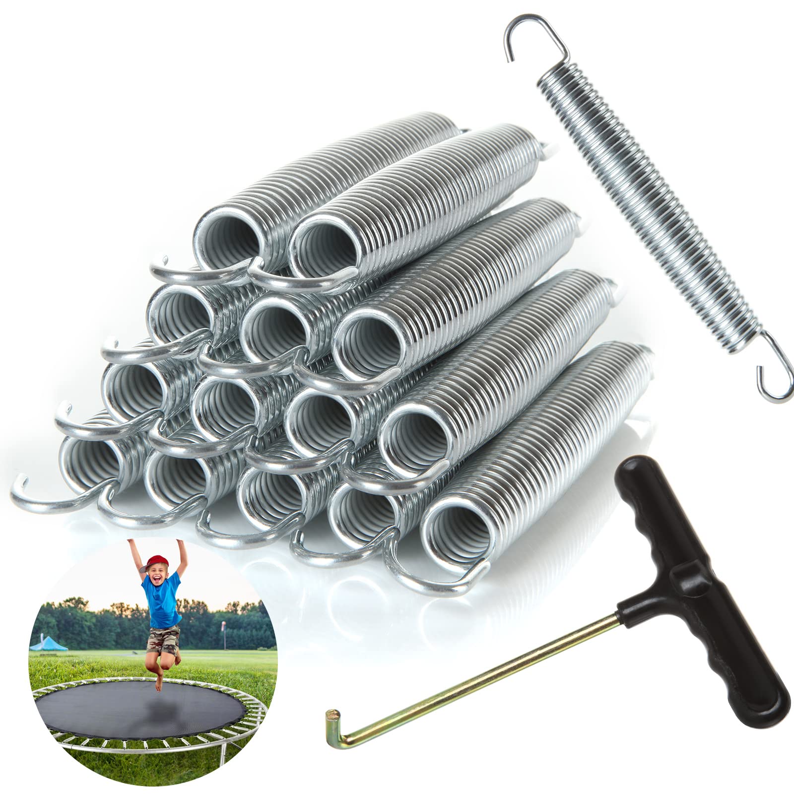 GOYADA 7in Galvanized Steel Heavy-Duty Trampoline Springs (20 Pack) for 12-16ft Frame with T-Hook and Spring Tool