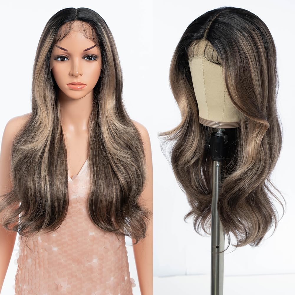 Style Icon Highlight Synthetic Lace Front Wig with Curtain Bangs 24 inch Long Wave Wig for Women Layered Wigs with Bangs Pre Plucked with Baby Hair 13x4x1 Middle Part 150% Density — image 1