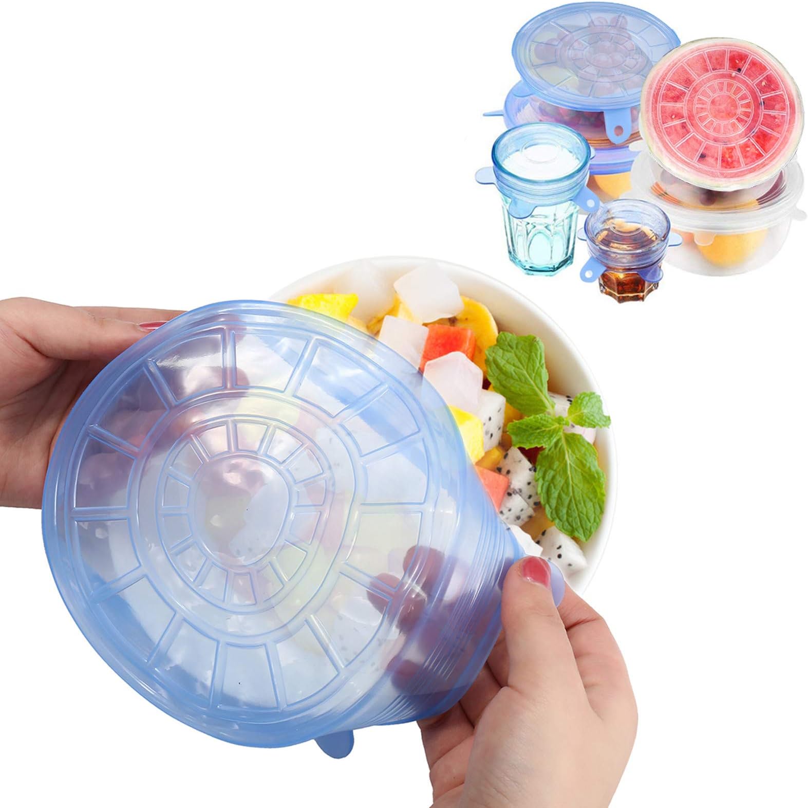 GEMITTO 12 Pcs Silicone Lids, Food Grade Silicone Toppers Reusable Stretchable Lid, Natural Odorless BPA-FREE Cover, 6 Sizes for Bowl Cup Plate Bottle Can, Safe for Dishwasher Microwave Freezer