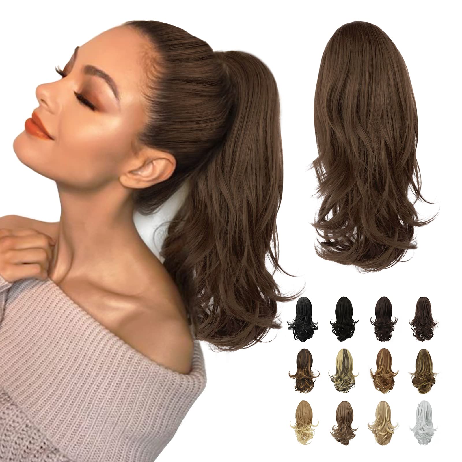 Sofeiyan 13" Ponytail Extension Long Curly Ponytail Clip in Claw Hair Extension Natural Looking Synthetic Hairpiece for Women,Medium Chestnut Brown