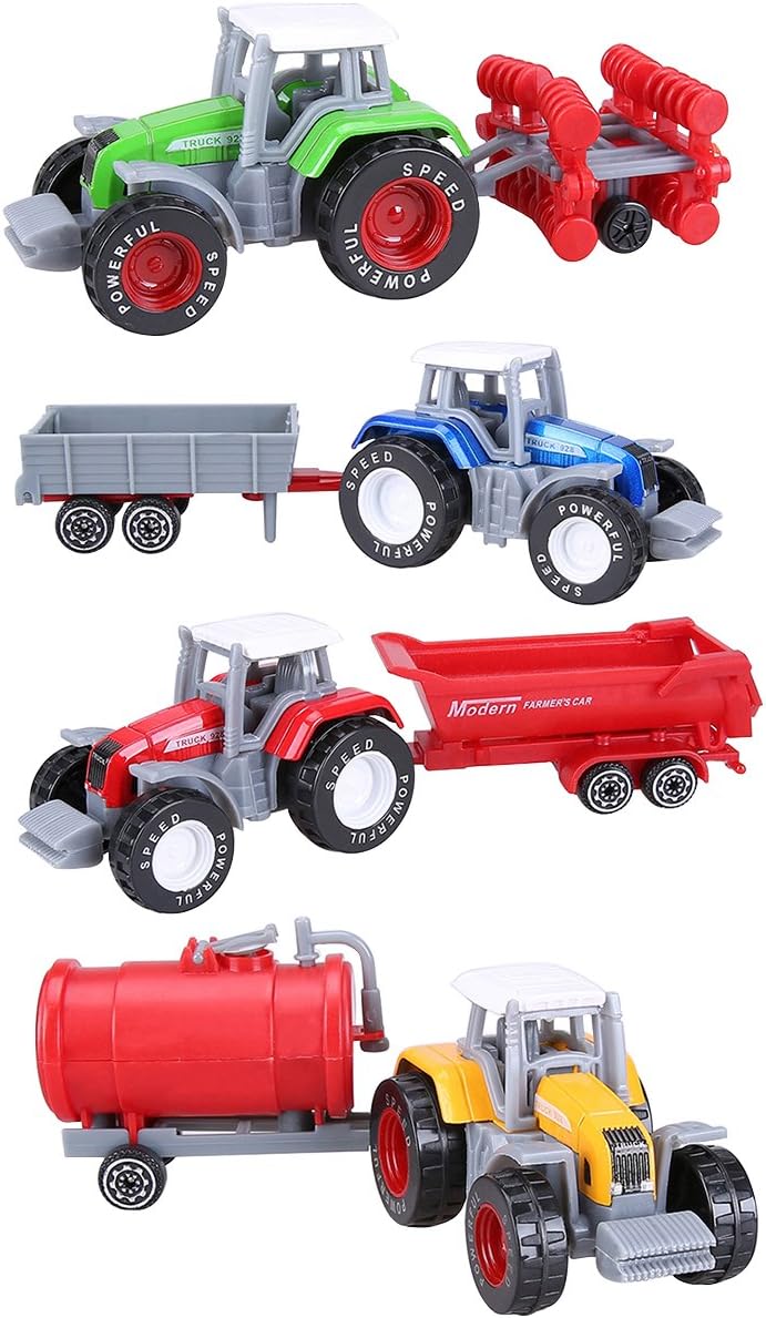 Cltoyvers 4 Pcs Metal Farm Tractor Trailer Toys Vehicle Play Set - Disc Plow, Water Tank, Wagon, Dump Trailer, Diecast Little Cars Set for 3, 4, 5 Years Old Toddlers Boys Christmas Xmas Birthday Gift