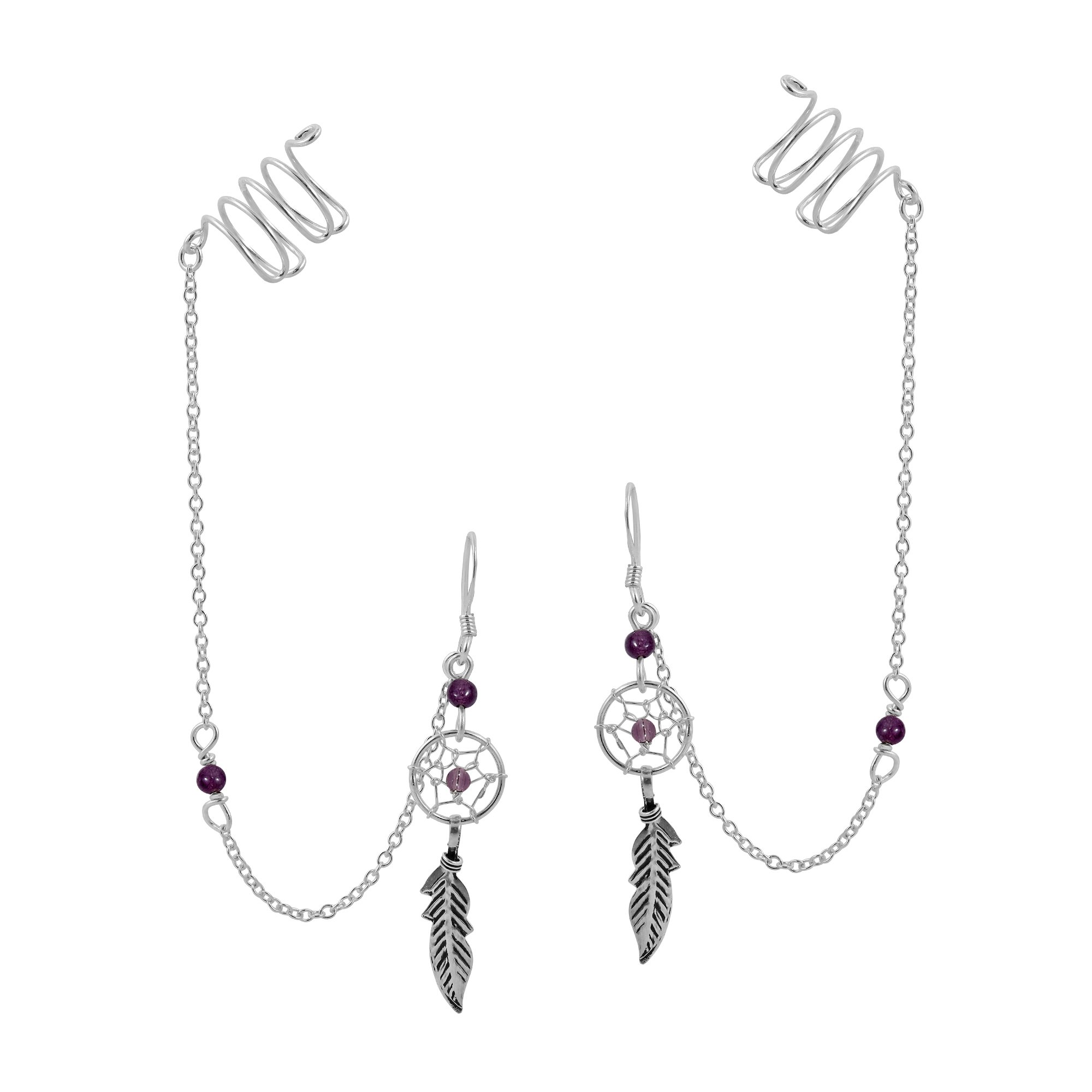 Unique Dreamcatcher and Ear Cuff Chain with Purple Garnet Stone Dangle Earrings