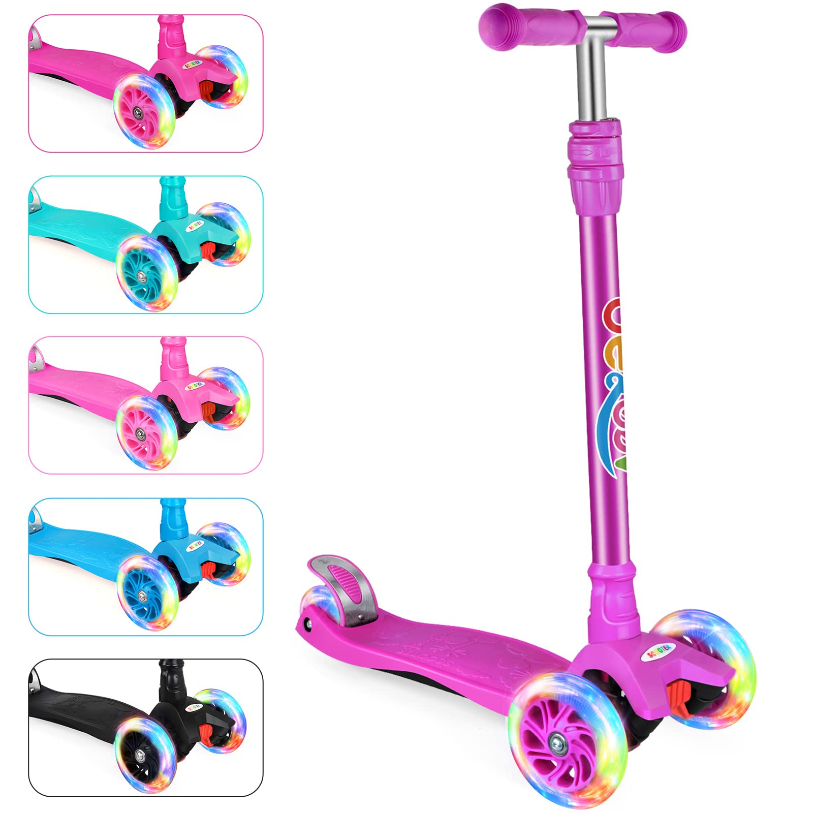 BELEEV Scooters para niños Patinete de 3 ruedas para niños pequeños, niñas y niños, 4 alturas ajustables, inclinación para dirigir, ruedas iluminadas, plataforma extra ancha, fácil de montar para niños de 3 a 12 años (lila oscuro)