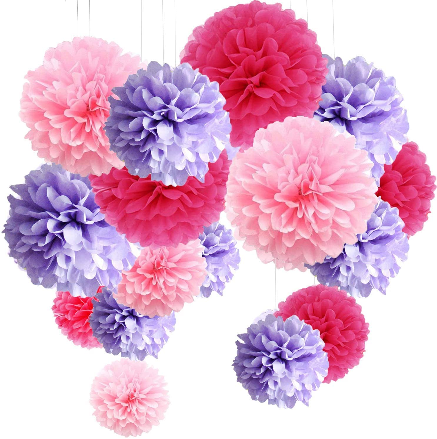 15 pcs Pompom Decorations Tissue Pom Poms Paper Flower Ball for Wedding Festival Party Purple, Pink and Rose (30.5 cm / 25 cm / 15.5 cm).