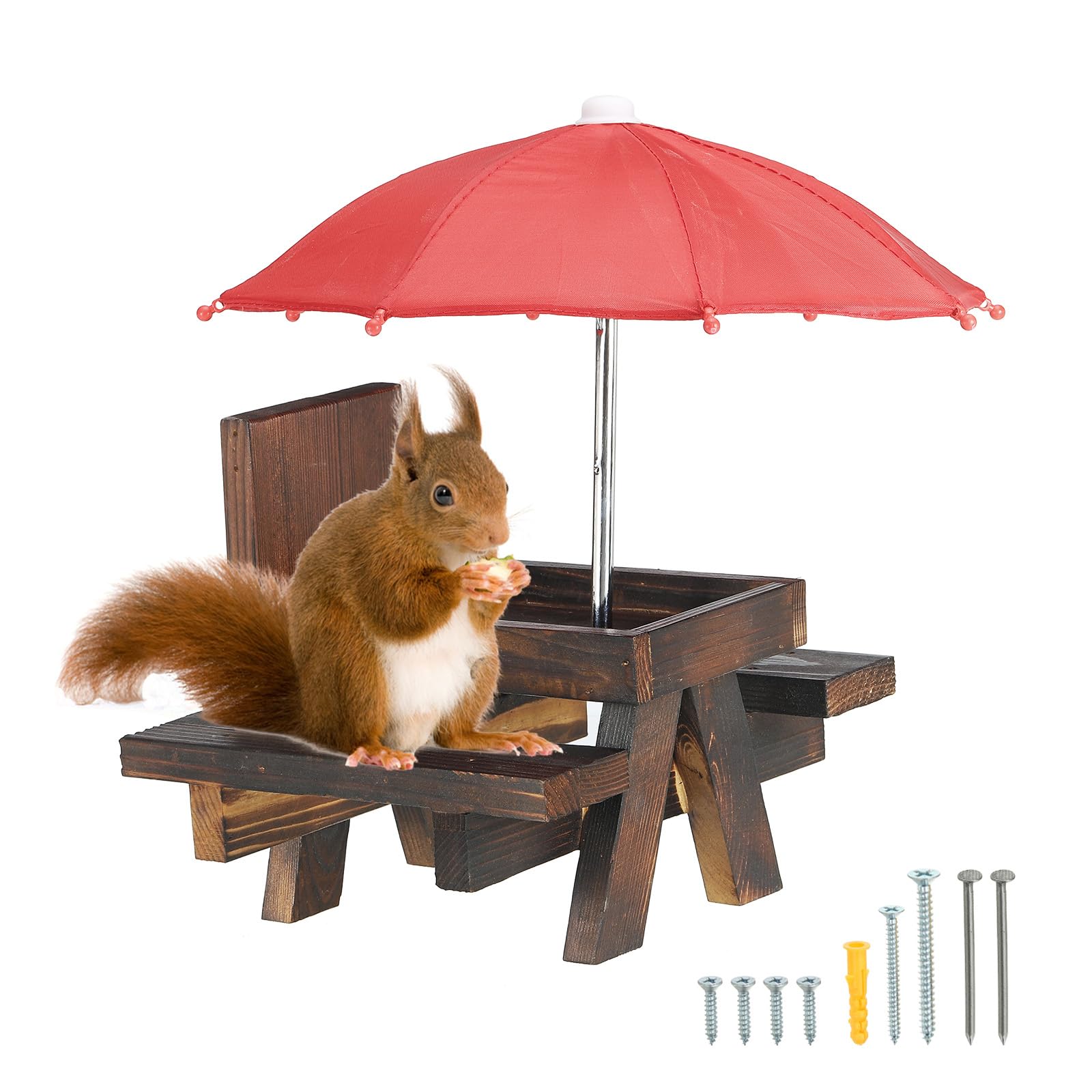 PATIKIL Squirrel Feeder Picnic Table with Red Umbrella 7x8x11inch, Wooden Squirrel Feeders for Outside with Solid Structure for Outdoors Backyard Porch Decoration, Dark Brown