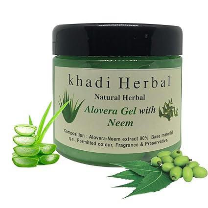 Khadi Herbal Natural Paraben-Free and Sulfate-Free Aloevera Gel for Skin and Hair with Neem Extract, 180 g