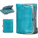 CONTACTS Full Grain Leather Kiss Lock Wallet for Women Kiss Clasp Coin Purse Vintage Small RFID Bifold Wallet (Blue)