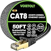 Cat 8 Ethernet Cable 50 FT Flat, High Speed 40Gbps 2000Mhz Braided Internet Cable with Gold Plated RJ45 Network LAN Cable SSTP, Heavy Duty Ethernet Cord Compatible for PS4/5, for Modems, PC/Laptop
