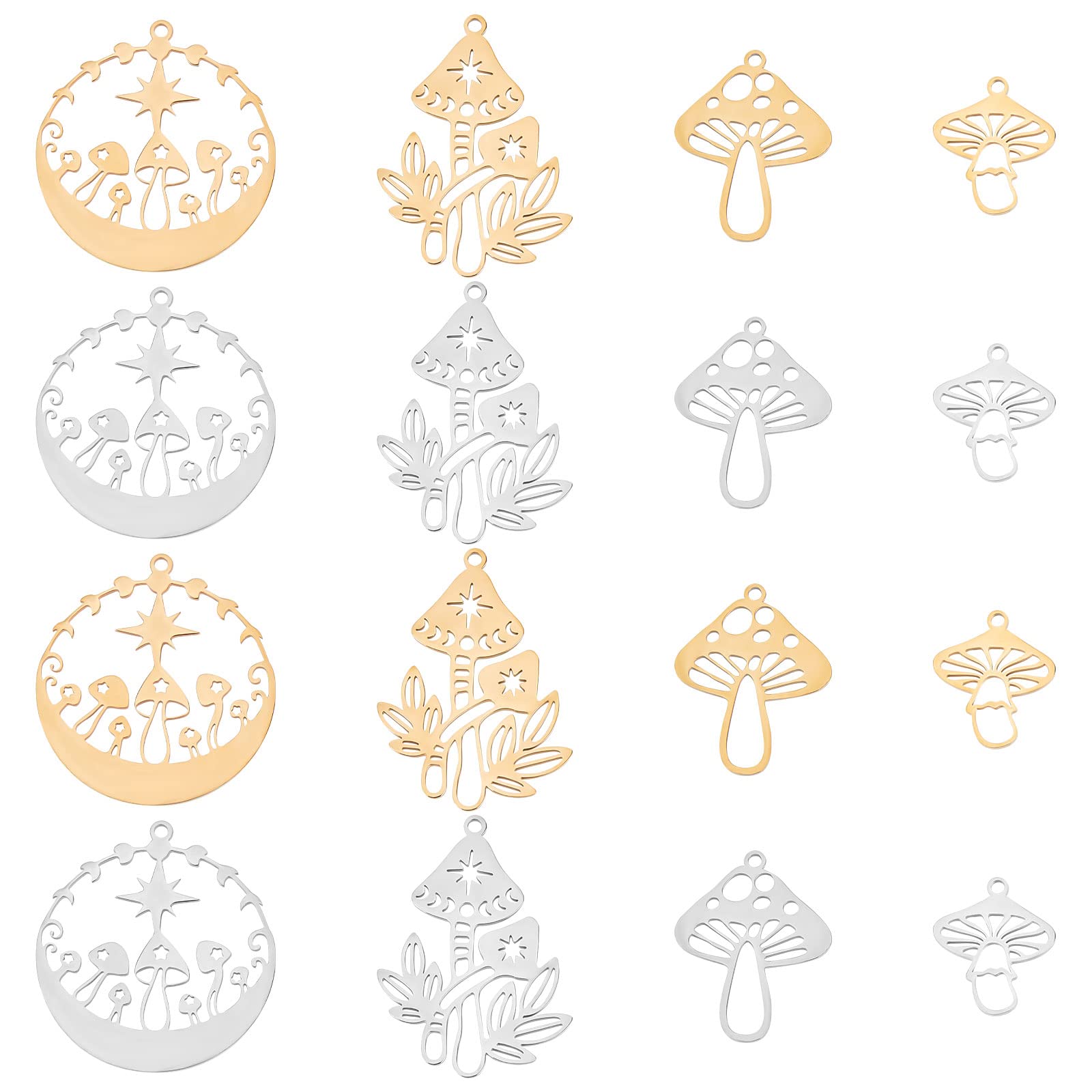 SUNNYCLUE 1 Box 16Pcs Stainless Steel Charms Mushroom Charms Mushrooms Charm Tarot Hollow Fairy Double Sided Moon Phase Star Laser Cut Charms for Jewellery Making Charm Earrings Necklace DIY Supplies