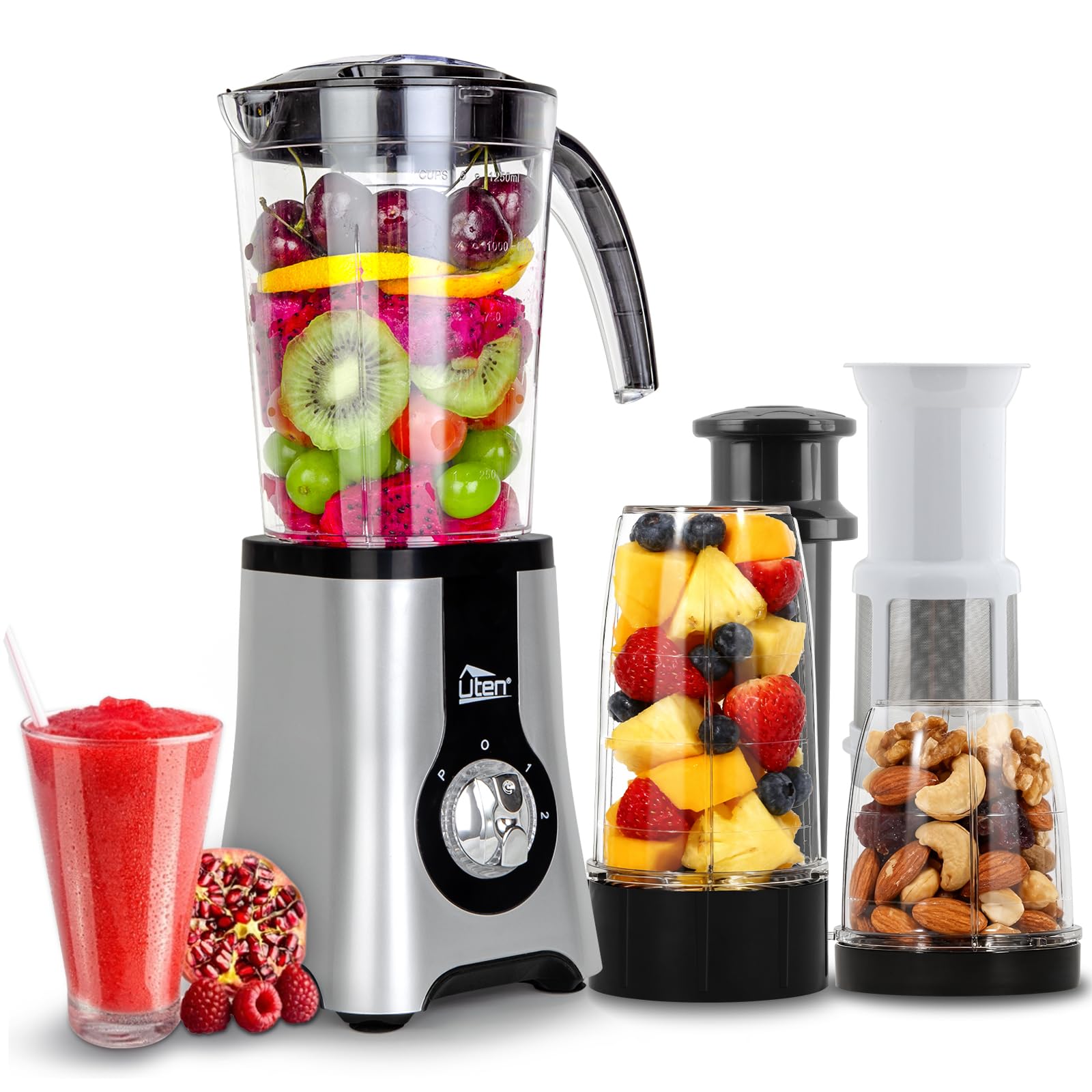 Photo 1 of Uten 5-in-1 Smoothie Blender 42 oz/1.25L, Multi-Functional Mixer, Smoothie Maker, Juicer, Grinder with 304 Stainless Steel Blades, BPA-Free, Dishwasher Safe, Includes 3 Blender Cups & 2 Travel Bottles