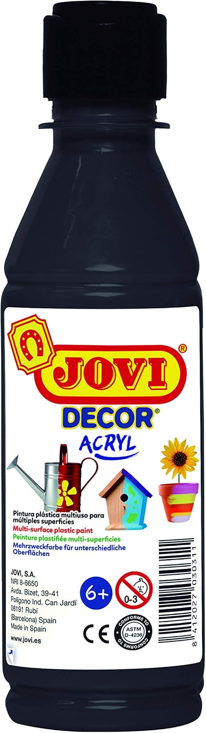 Jovi Jovidecor Acrylic Paint, High Coverage, for All Surfaces Water-Based, 1 Bottle of 250 ml, Black, 250 ml (Pack of 1)