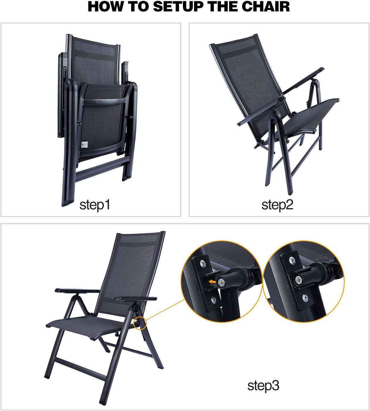 REDCAMP Patio Lounge Chair for Outside, Lightweight Aluminum Adjustable High Back Outdoor Sling Reclining Lawn Chairs Zero Gravity with Hard Arms, Black: Kitchen & Dining