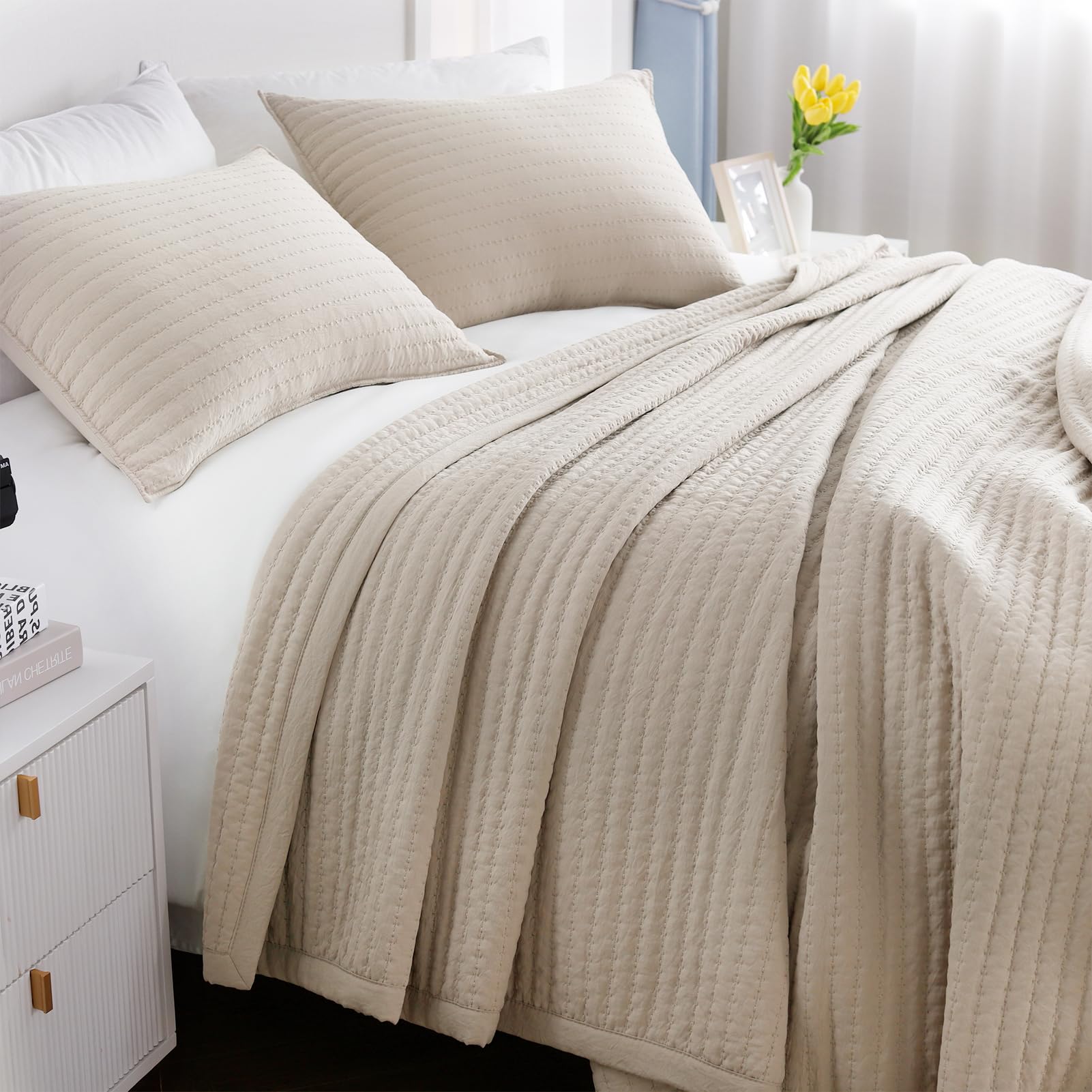 Photo 1 of Max Oversized California King Quilt Set – 112"x106" Soft Washed 3-Layer Lightweight Bedspread with Multi-Lock Quilting, Minimalist Nordic Bedding, All-Season Quilt Set (1 Quilt + 2 Pillow Shams) Camel