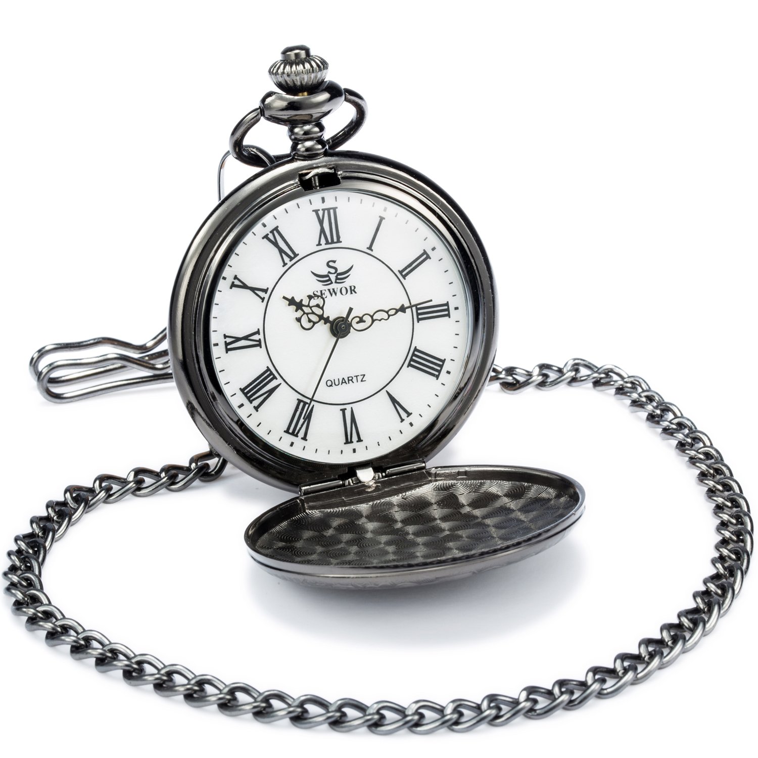 SEWOR Nice Quartz Pocket Watch Shell Dial Gold Smooth Case with Two Type Chain(Leather+Metal) (Black)