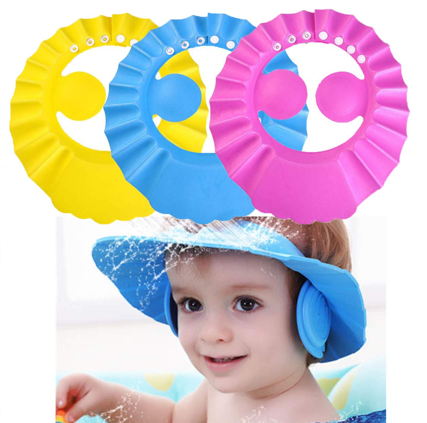 Baby Shower Cap,3Pcs Adjustable Baby Shampoo Cap Waterproof Bath Cap for Baby Kids (Pink, Blue, Yellow)