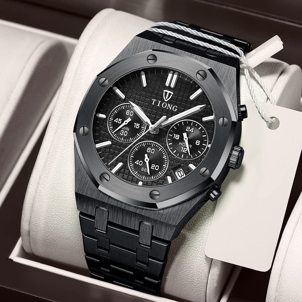 Tiong Men's Watch Chronograph Stainless Steel Waterproof Quartz Business Watch Men