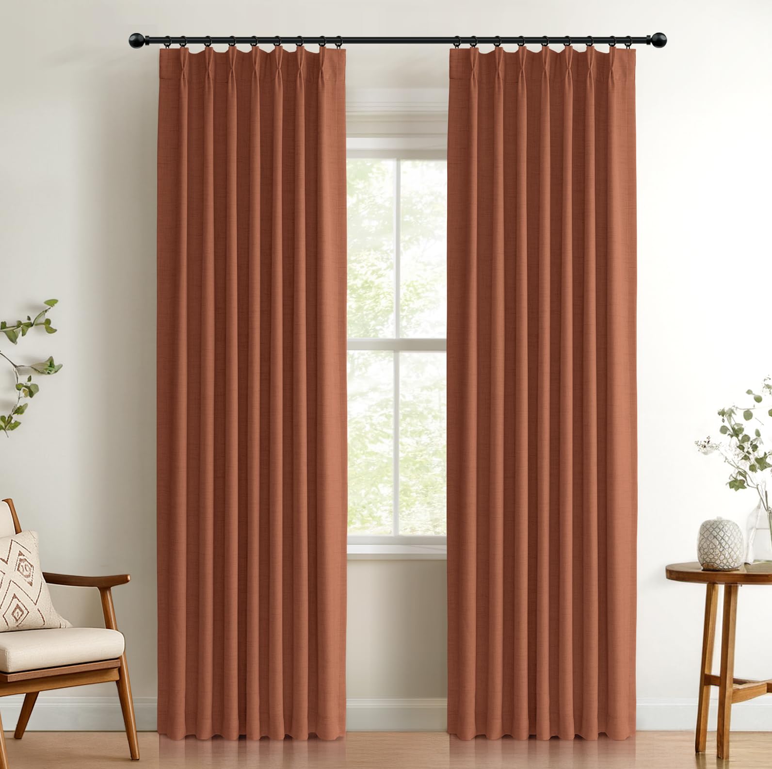 Photo 1 of 100% Blackout Shield Linen Pinch Pleated Curtains Blackout, Pleated Drapes with Hooks 84 Inch Long 2 Panels Set, Linen Blackout Curtains for Bedroom & Living Room, 40" W x 84" L, Burnt Orange