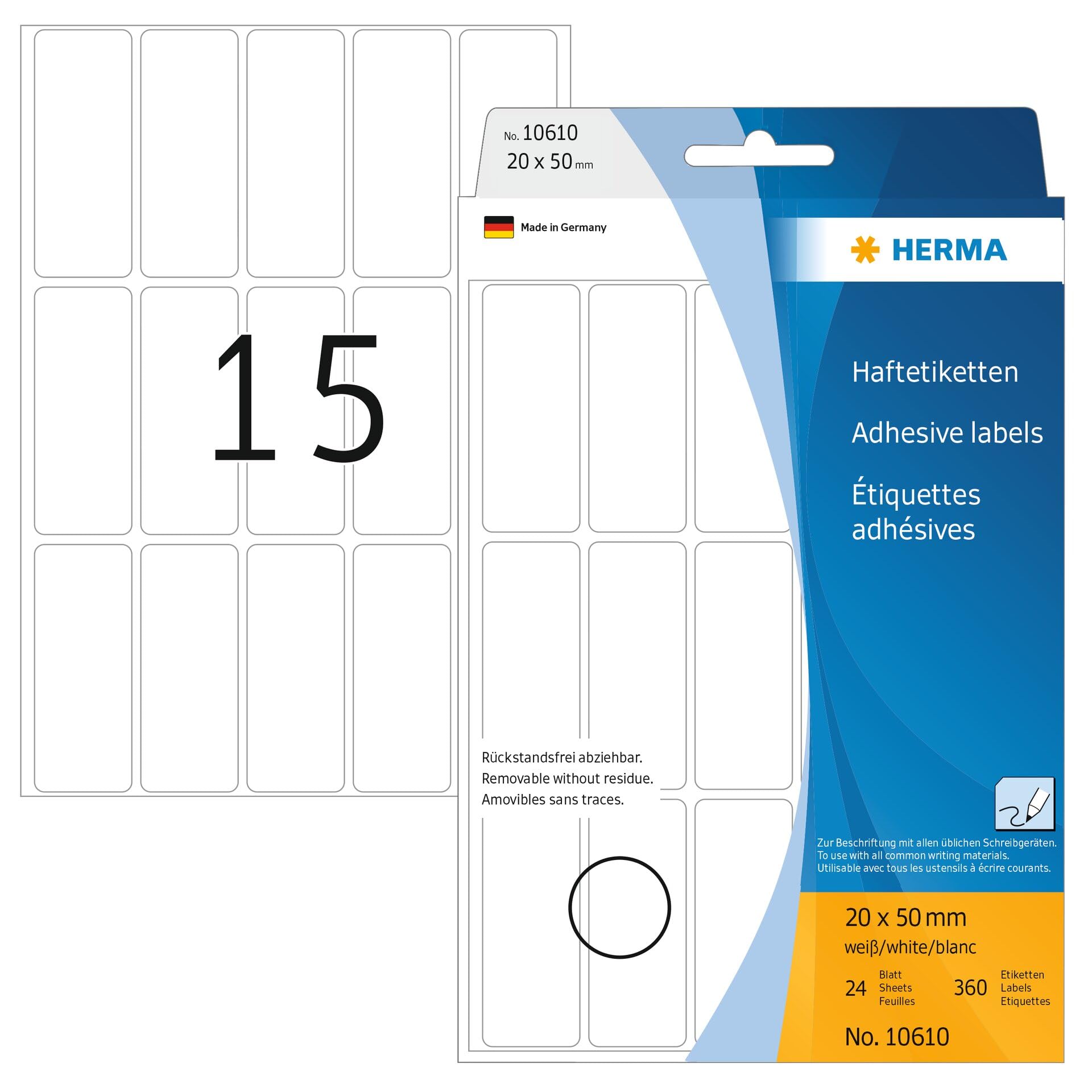 HERMA Removable Labels, 15 Labels per Sheet, 24 Sheets, 20 x 50 mm, 360 Labels, Self Adhesive Small Labels Stickers, Blank Sticky Multi Purpose Labels for Office Kitchen Home, White