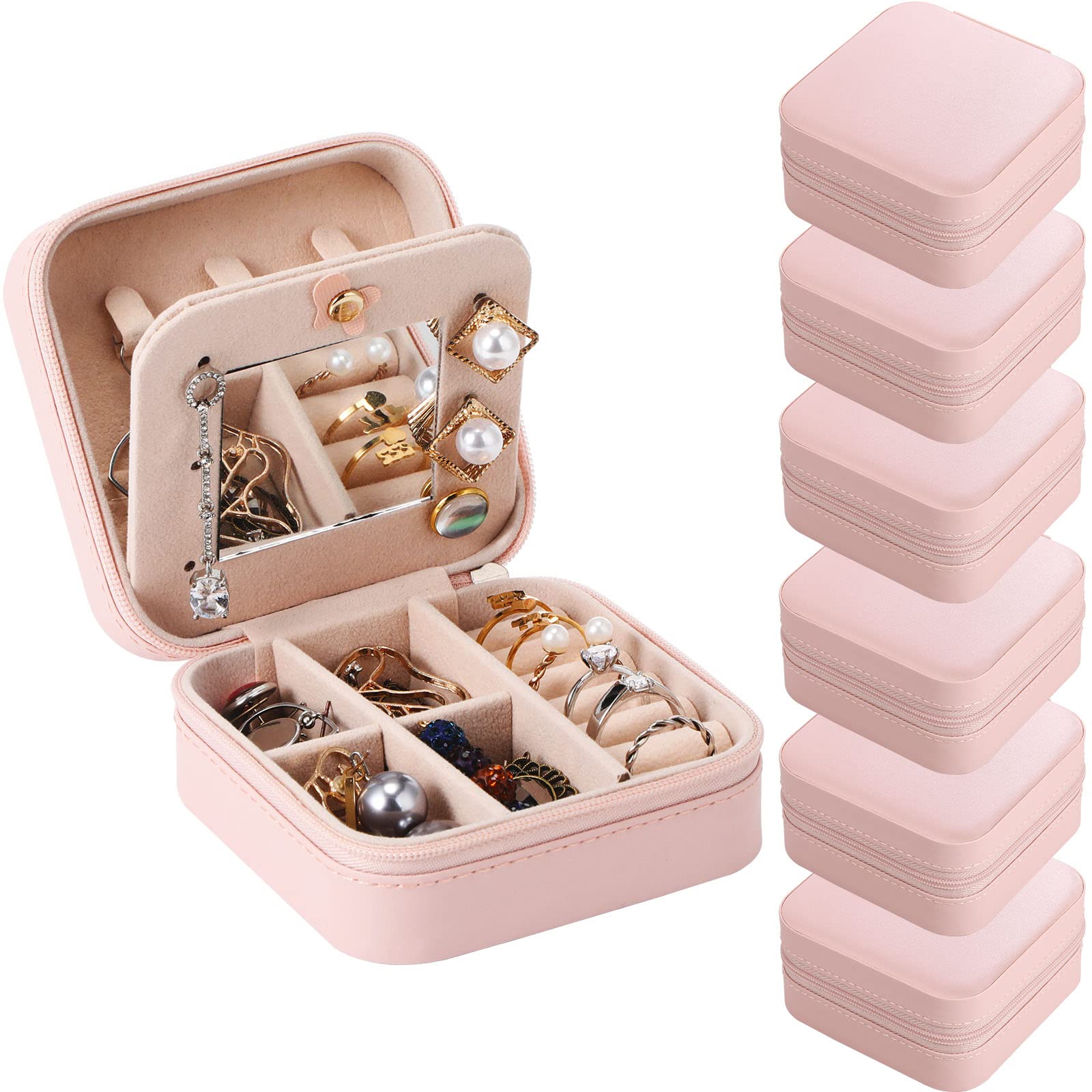 Photo 1 of Hillban Bridesmaid Gifts Jewelry Box with Mirror, PU Leather Small Travel Jewelry Case Organizer Storage for Women Girls(Pink,12 Pcs)