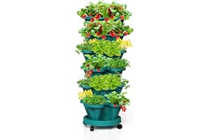 Tectsia Strawberry Stackable Planters, Vertical Tower Garden, 6 Tiered Stacking Herb Vegetable Planters with Movable Casters and Bottom Saucer Indoor and Outdoor
