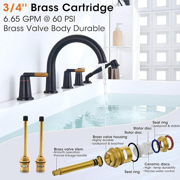 WINTAP BLACK & ROSE GOLD ROMAN BATHTUB FAUCET SET WITH HAND SHOWER & BRASS VALVE 5 HOLE 3 HANDLE WIDESPREAD DECK MOUNT TUB FILLER CLASSIC VINTAGE HIGH ARC GOOSENECK SPOUT TUB FAUCETS