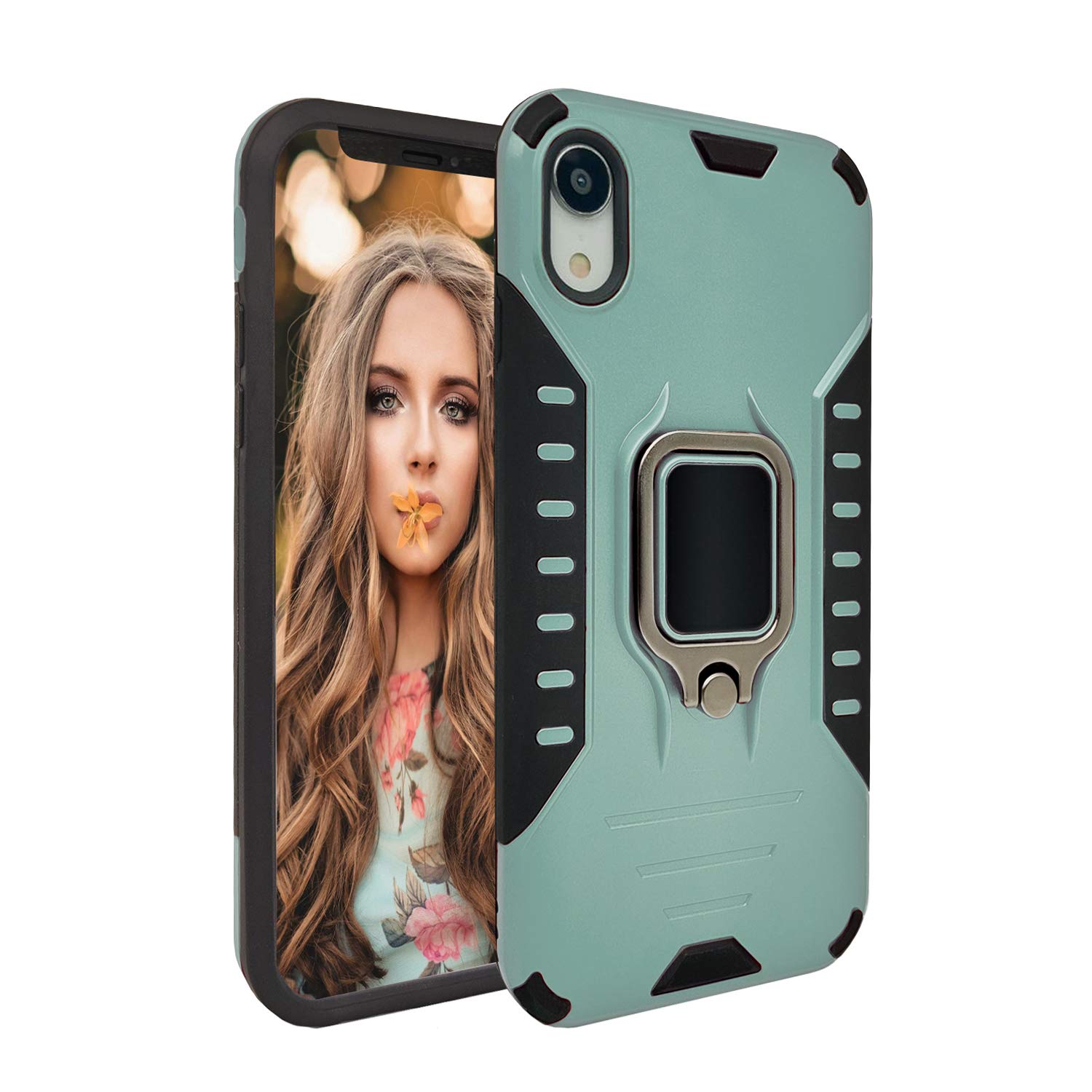 MODOS LOGICOS Case for iPhone XR, Dual Layers Shockproof Protective Phone Case with Built-in 360 Metal Rotating Ring Kickstand, Working with Any Magnetic Car Mounts, for iPhone 12 XR 6.1” - Green