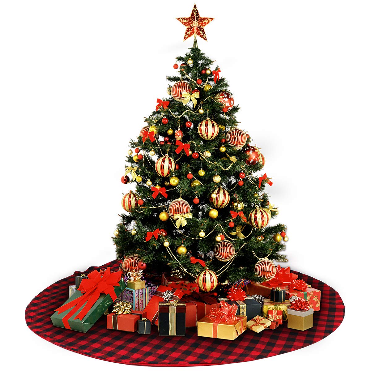 54 Inch Buffalo Plaid Christmas Tree Skirt Red and Black Check, Double Layers Xmas Holiday Ornaments