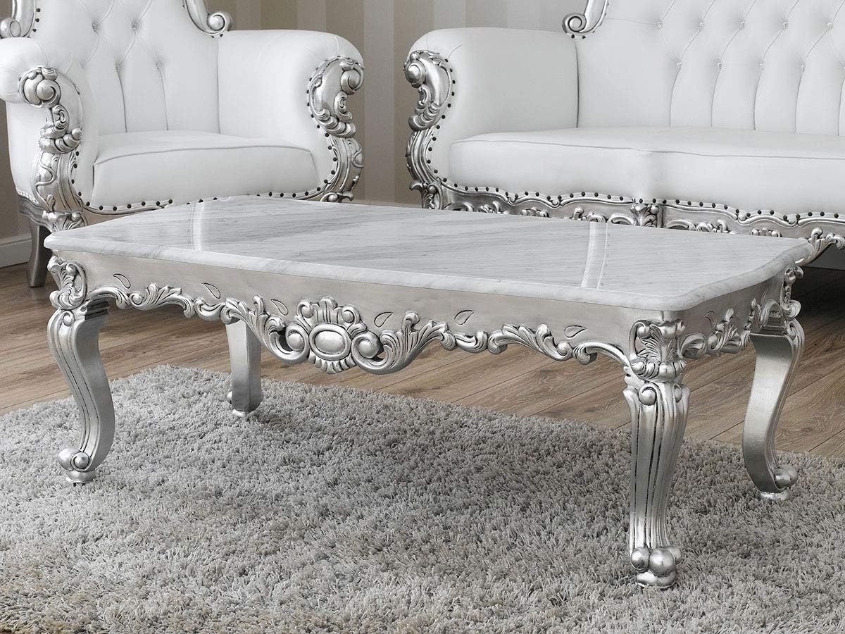SIMONE GUARRACINO LUXURY DESIGN Coffee Table Regina Modern Baroque Style Silver Leaf Marble Carrara White